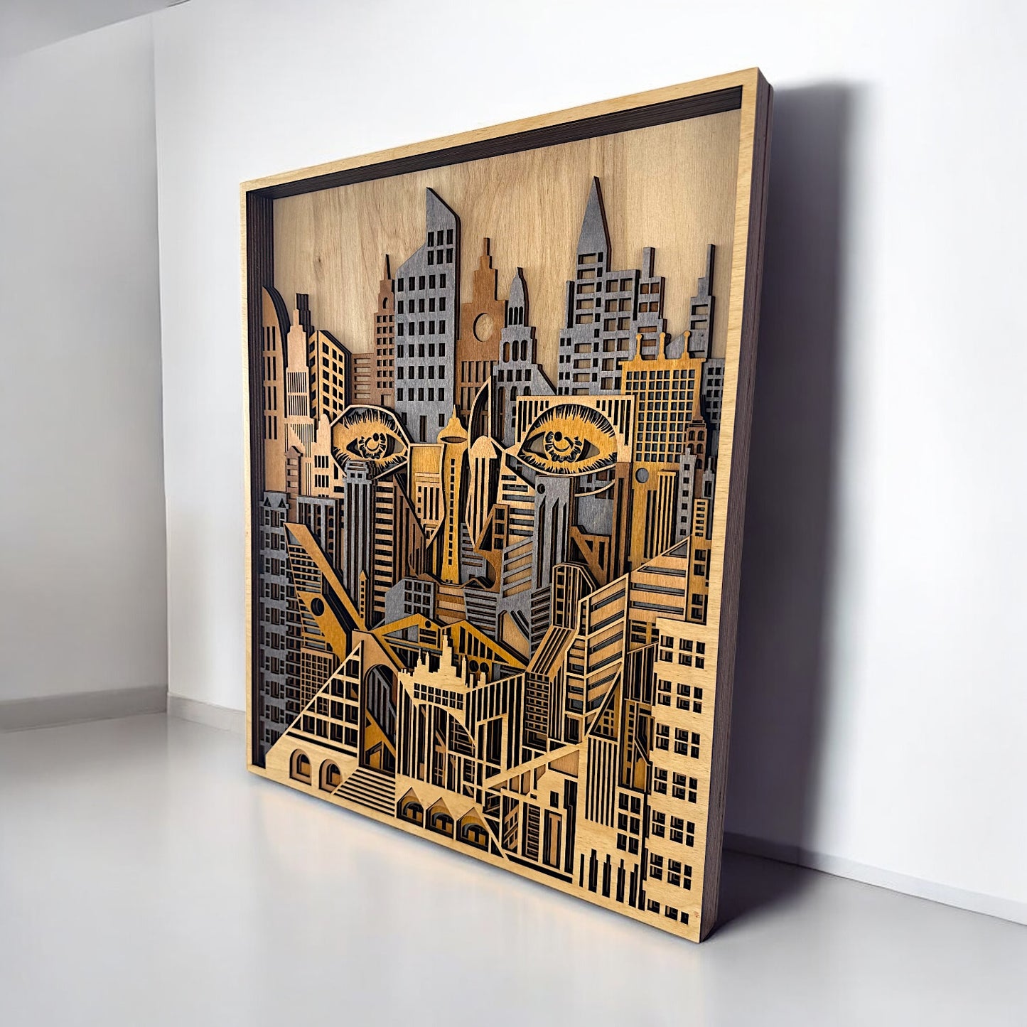 Side angle perspective of ‘Architect of Vision’ wood wall art showcasing deep cut layers and stylized urban design