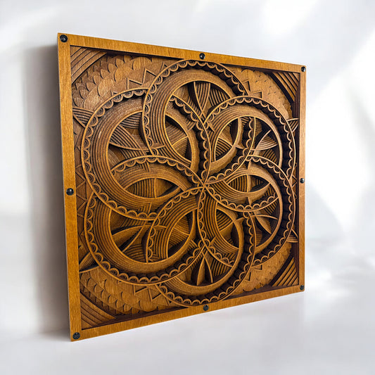 Angled left-side view showing the depth and dimensional layering of Axis Reverie’s complex circular wood design.