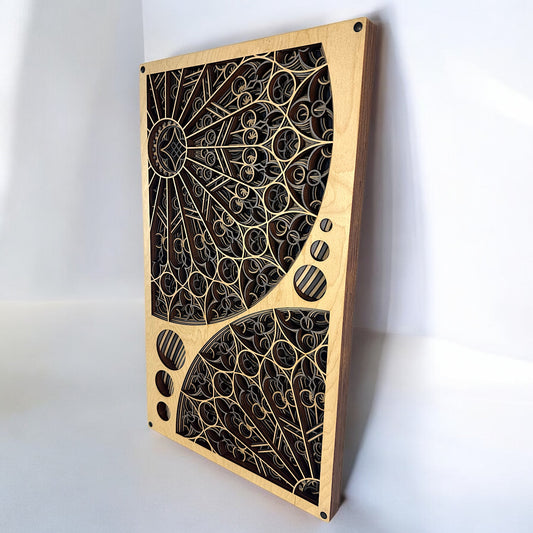 Angled side view, showcasing the depth and layered construction of the black and natural wood design with radial symmetry and architectural detailing.