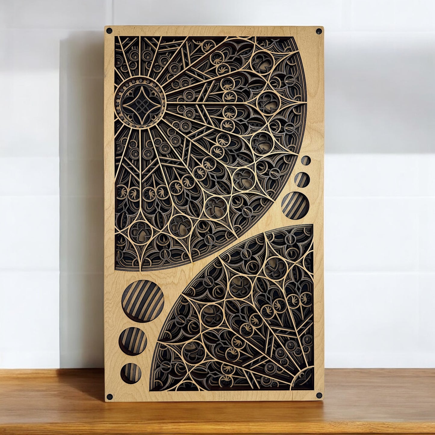 Lifestyle image of Cathedral Flow on a wooden shelf with a tile background, presenting its scale and dramatic visual presence.