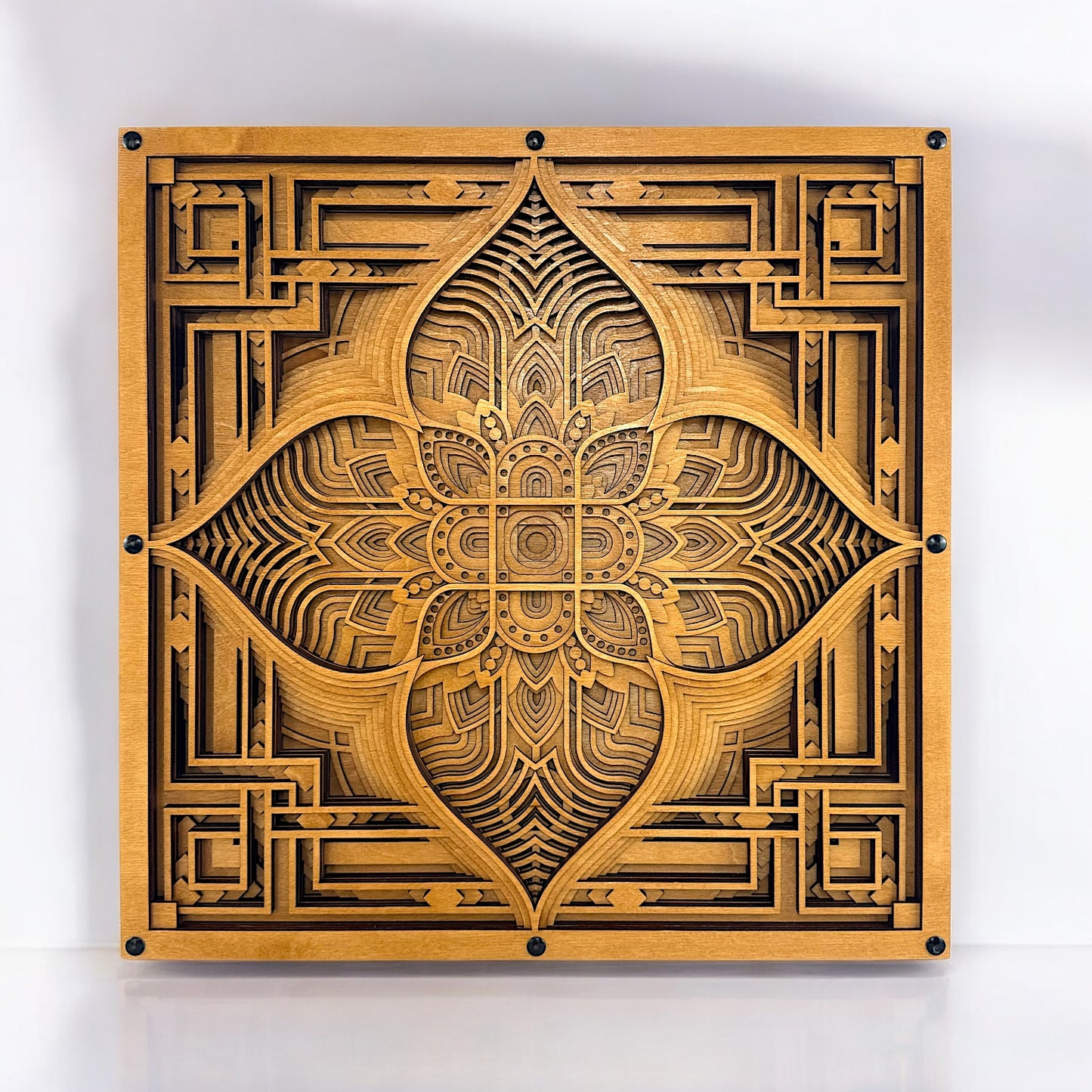 Front-facing view of Driftpetal, a 10-layer laser-cut wood wall art piece featuring an intricate mandala-inspired floral and geometric design.