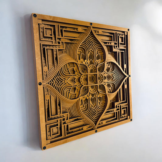 Angled left-side view showing the layered depth and ornate detailing of Driftpetal’s symmetrical petal-like wood structure.