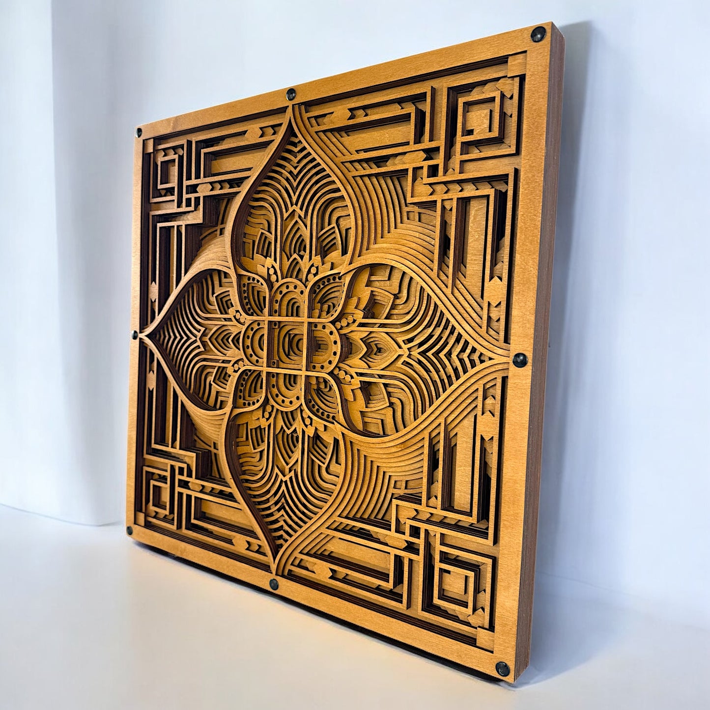 Right-side angled view highlighting the dimensional cuts and architectural geometry of the Driftpetal wooden wall piece.