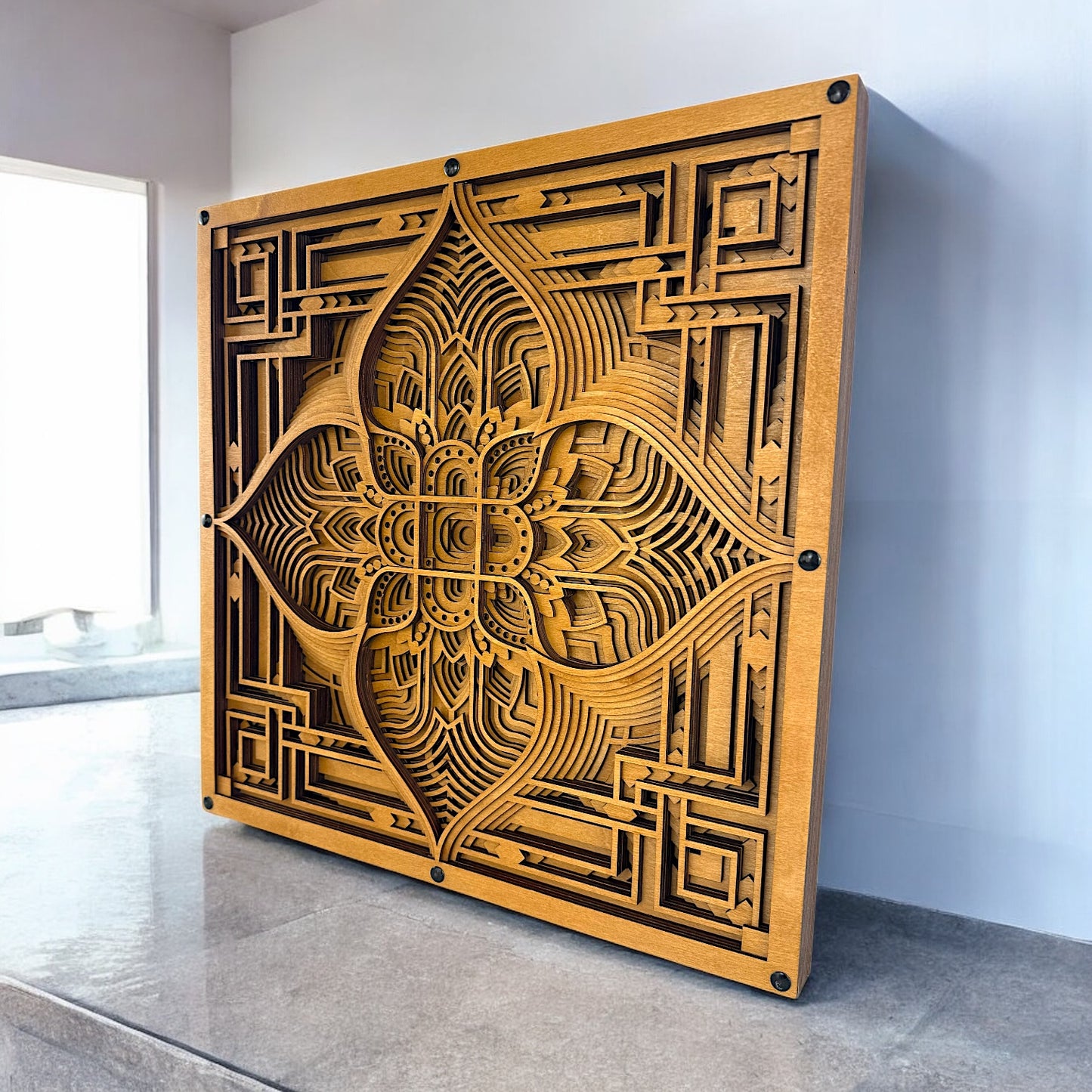 Driftpetal wood art positioned near a sunlit window, casting soft shadows that enhance the layering and organic-meets-digital pattern.