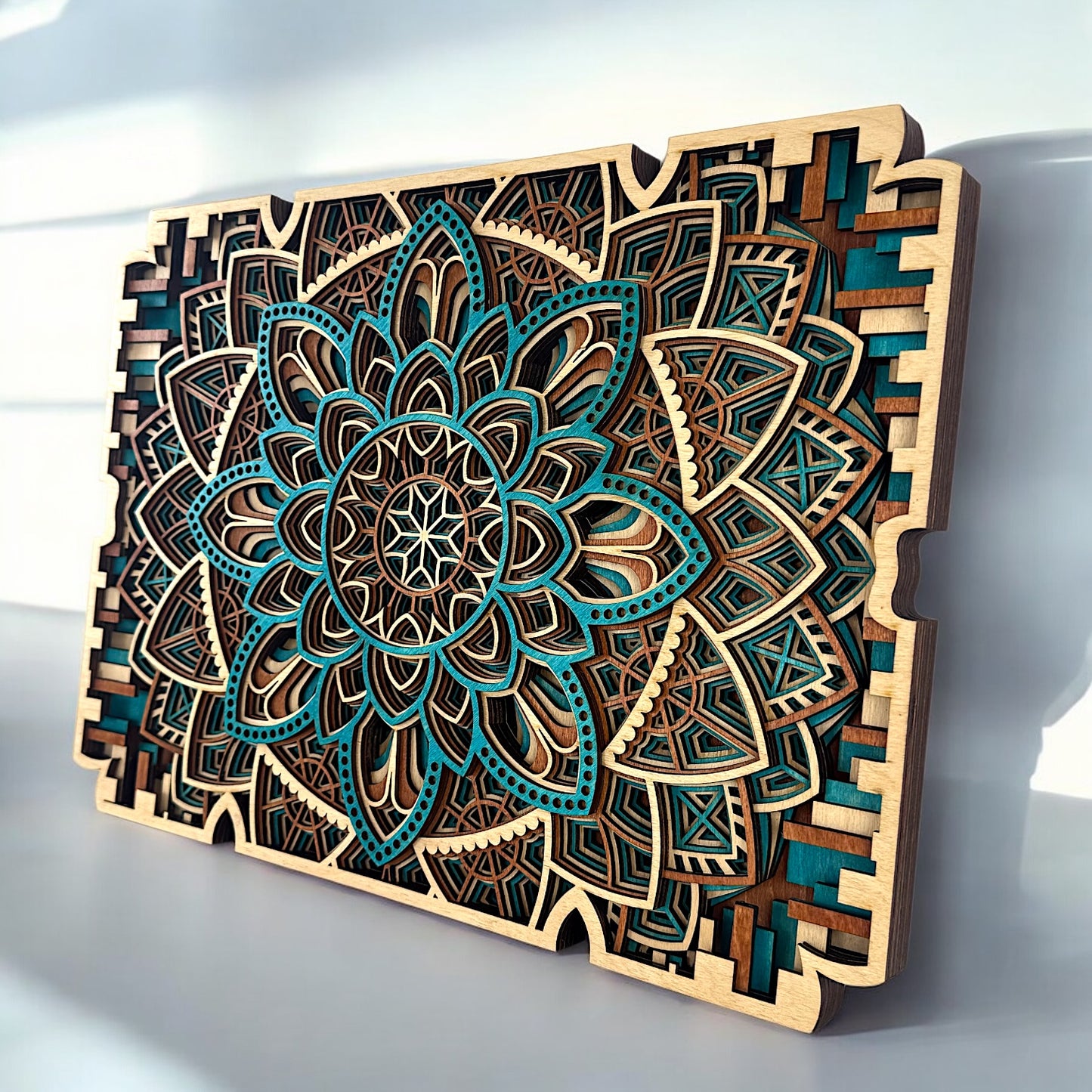 Angled side view of the Flora Mechanica artwork showing the depth of the layered petals and digital-style border elements.