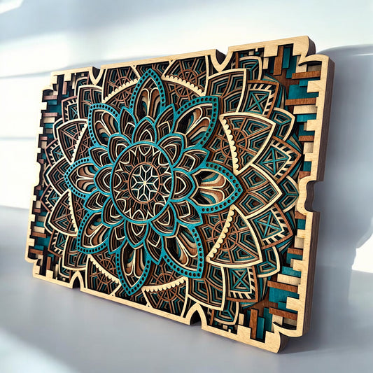 Angled side view of the Flora Mechanica artwork showing the depth of the layered petals and digital-style border elements.