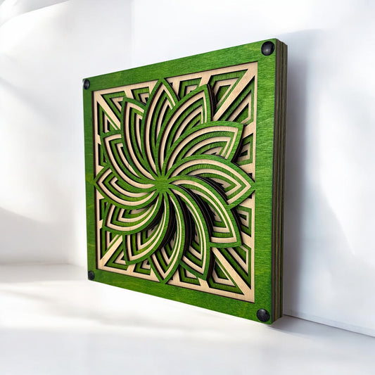 Angled left-side view of Floraspiral artwork, showing its depth and stacked birch layers in vibrant green tones.