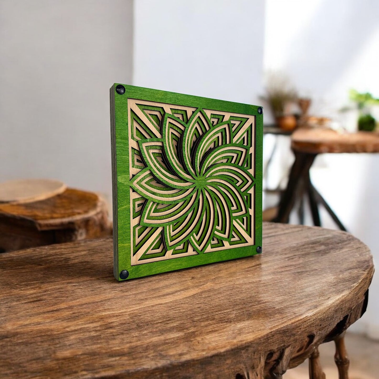 Freestanding wood art piece placed on a rustic wooden surface, blending modern geometry with organic textures.