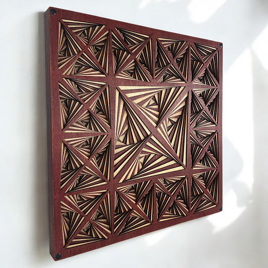 Angled side view of Kaleidocore wall art, highlighting the sharp depth and symmetry of the intricate triangular layers.