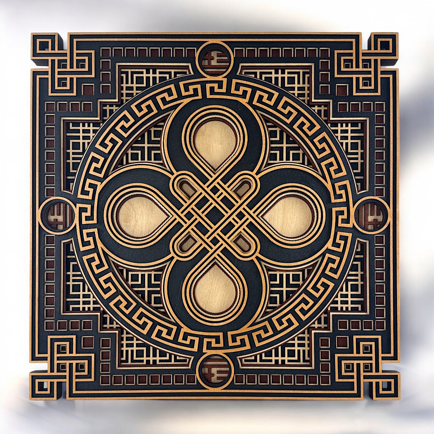 Front view of a 6-layer laser-cut wood wall art featuring an intricate endless knot design centered in a symmetrical geometric frame.