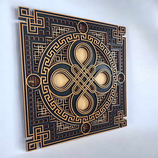 Angled perspective of the artwork emphasizing the layered depth and contrast between natural wood, black, and burgundy tones.