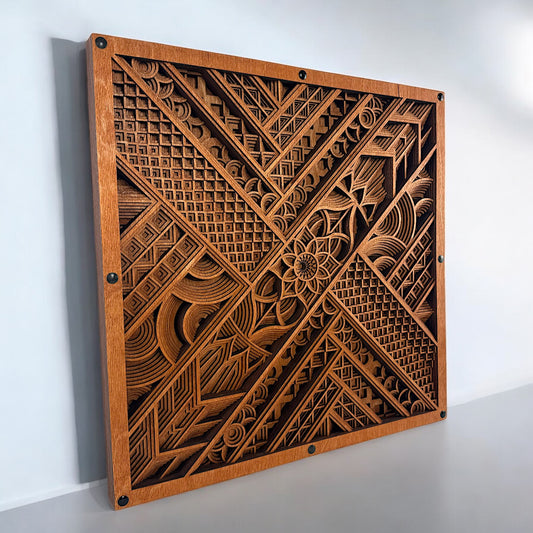 Left-angled view of the artwork mounted on the wall, highlighting the depth and layered construction of the mandala design.