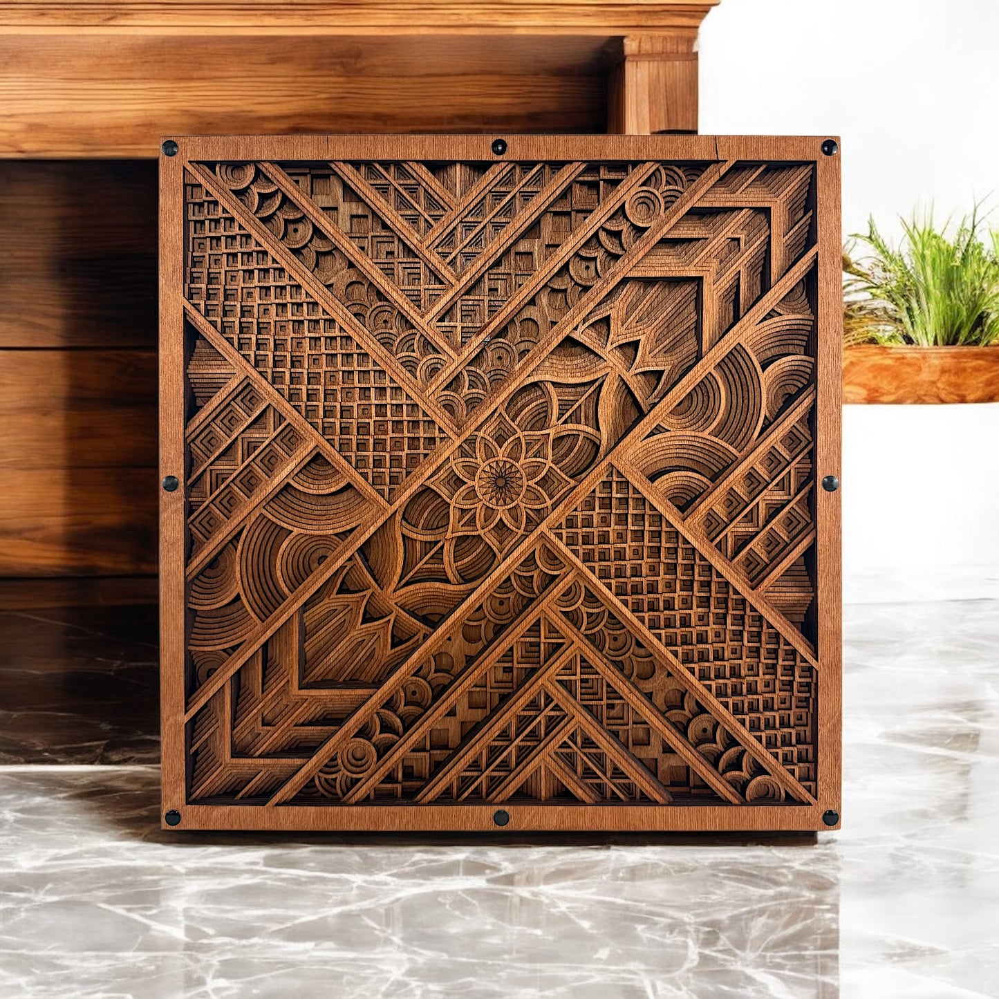 Lifestyle shot of the artwork placed against a wooden console and marble floor, giving a sense of scale and room fit.