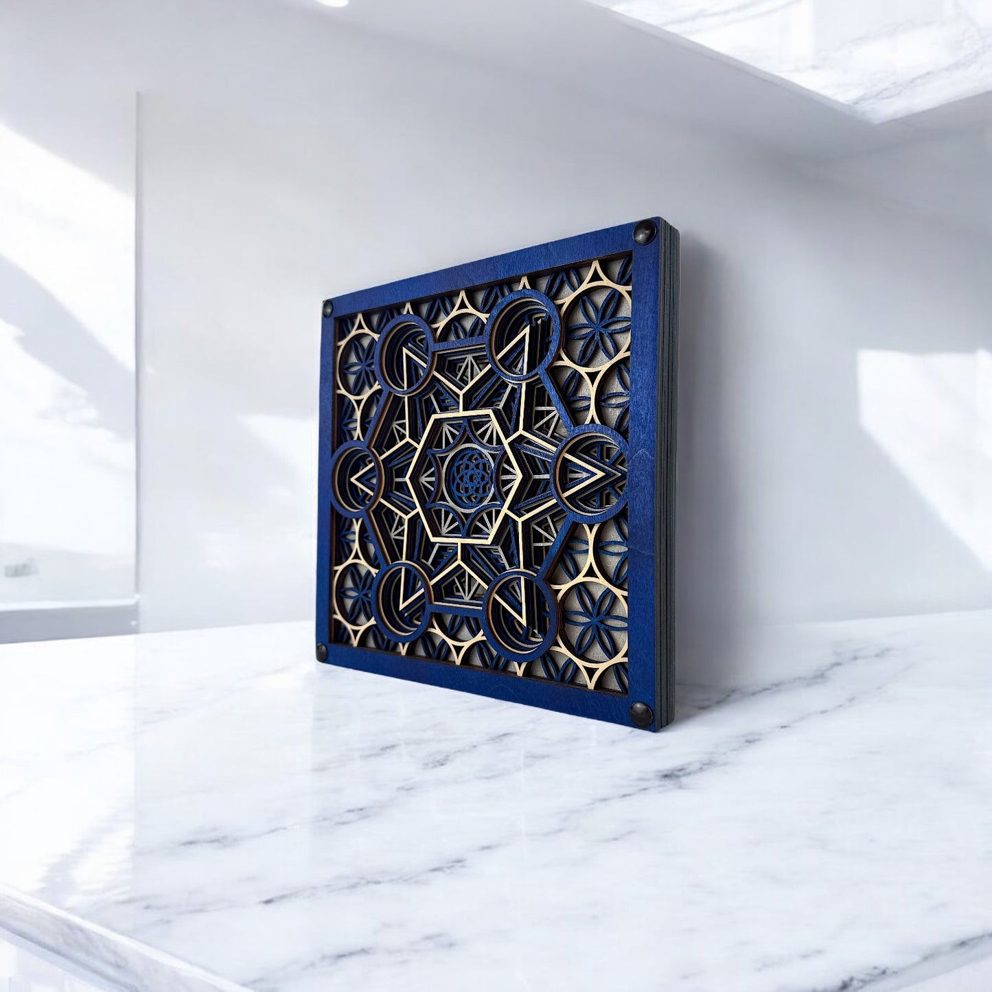 "Metatron Ascend" positioned on a marble surface under bright light, highlighting the piece’s clean lines and craftsmanship.