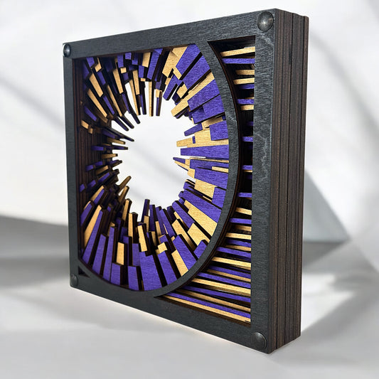 Angled left-side view of Metrorhythm V1 showcasing laser-cut layers and sculptural depth in vivid purple and gold tones.