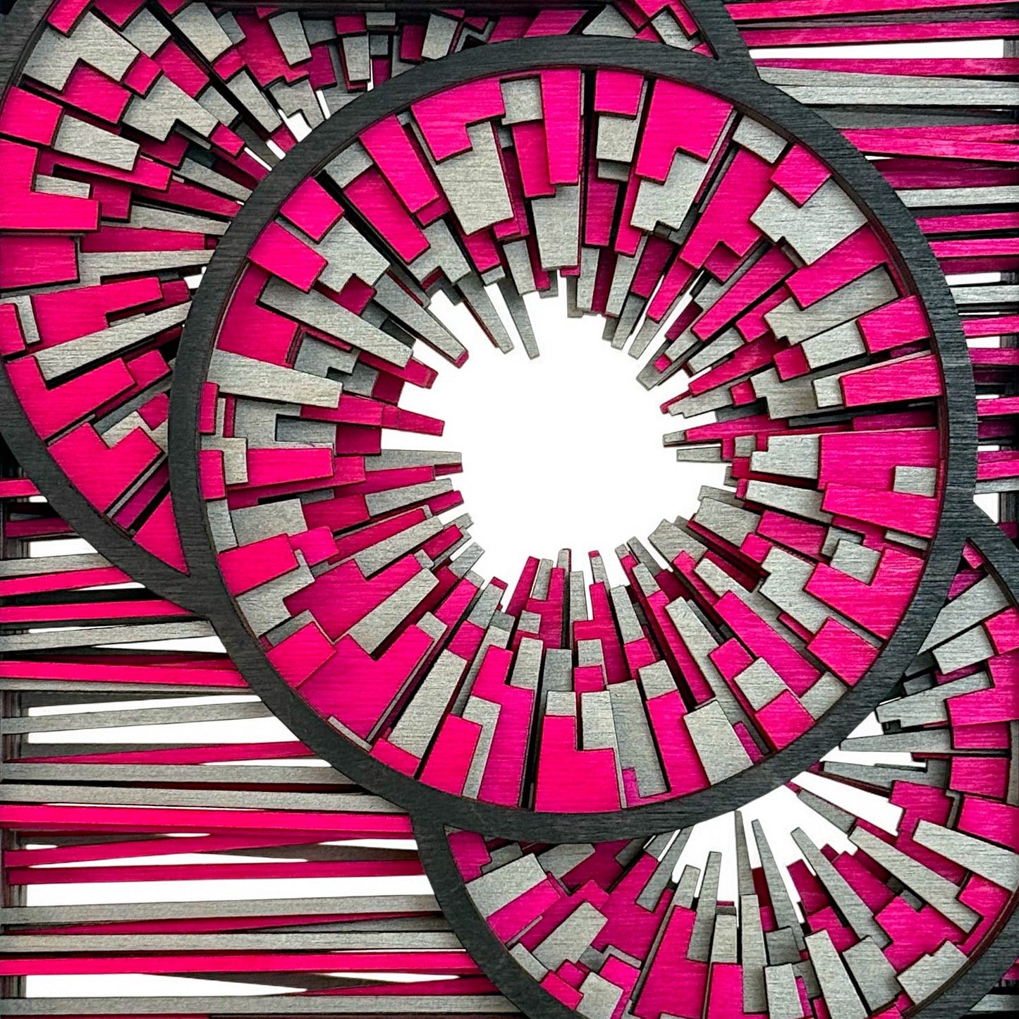 Close-up of the central circular burst in Metrorhythm V2, highlighting precise laser-cut layering and hand-dyed color.