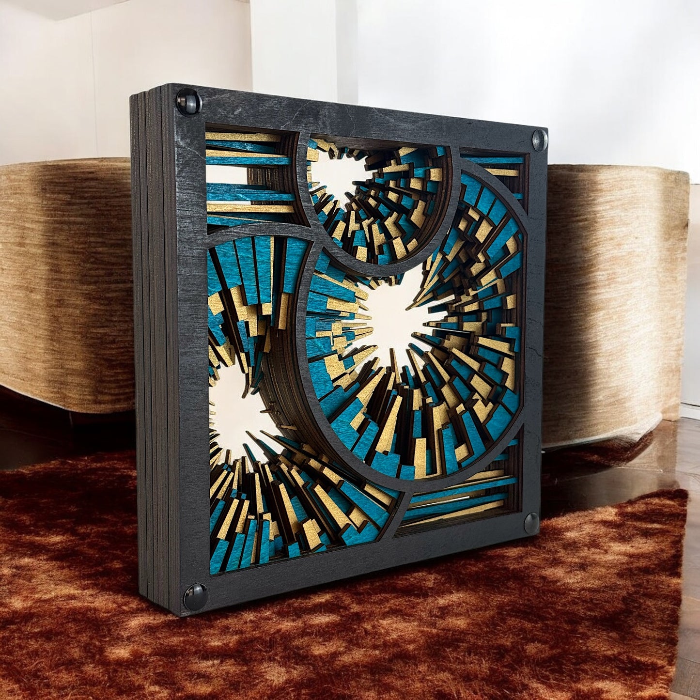 Vibrant wood sculpture placed on a carpeted floor beside furniture, emphasizing its scale and modern decorative appeal.