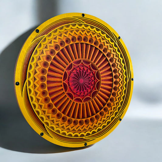 Side angle showcasing the layered depth and precision of a laser-cut wooden mandala in warm tones, mounted with black hardware.