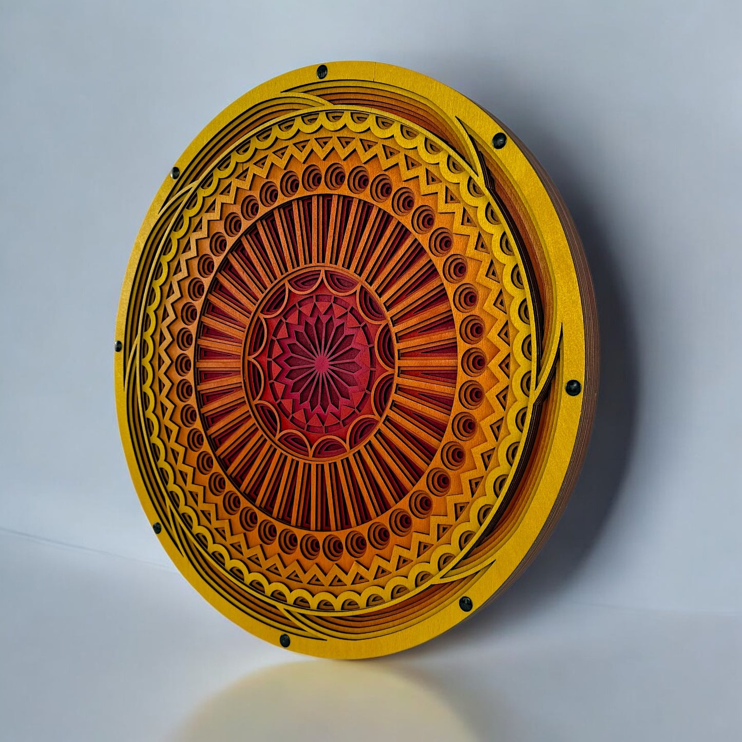 Angled side view highlighting the multi-dimensional structure and radial symmetry of the Orbit Array geometric wall art.