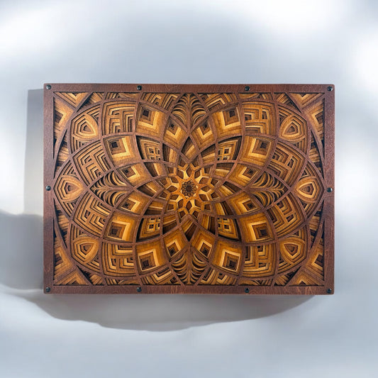 Front view of a 7-layer geometric wood wall art featuring a symmetrical, petal-inspired pattern in golden and dark brown tones.