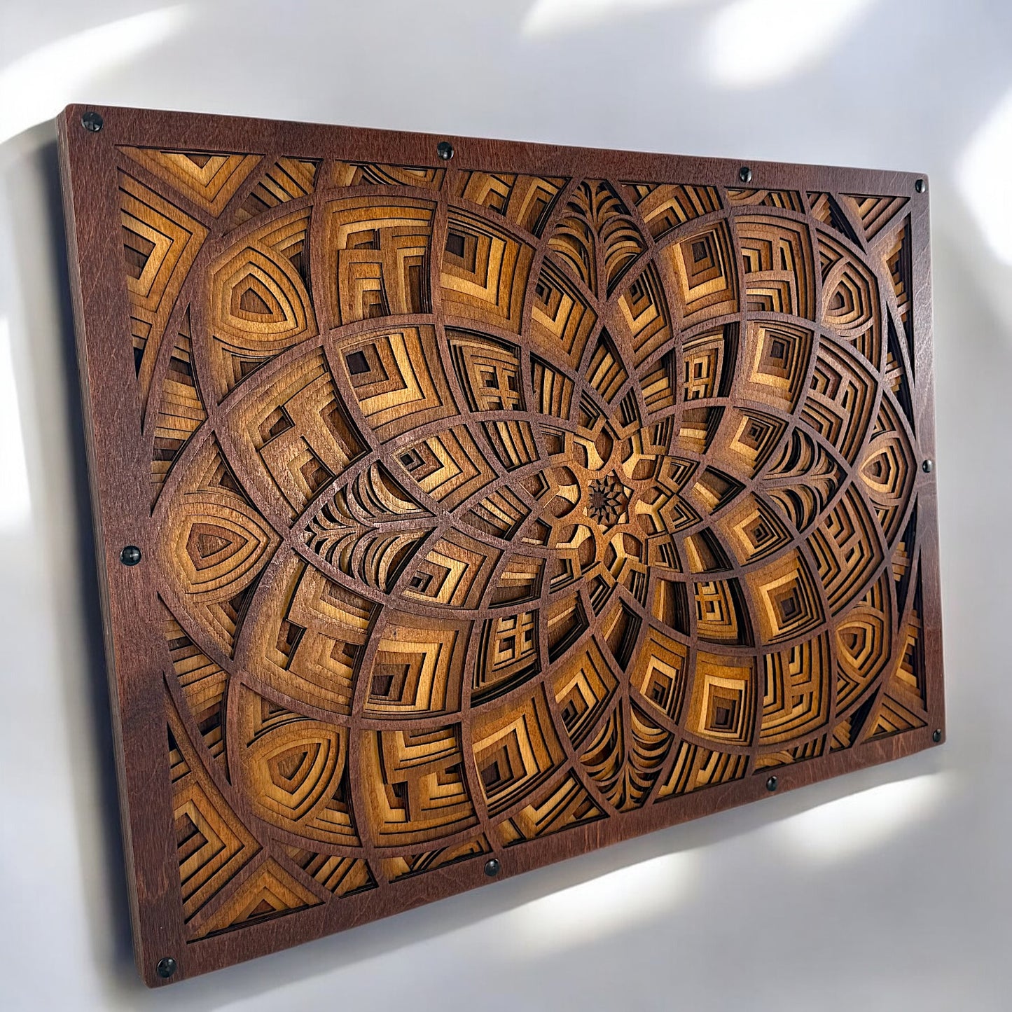 Angled side view highlighting the layered depth and precision-cut patterns of the wood art piece.