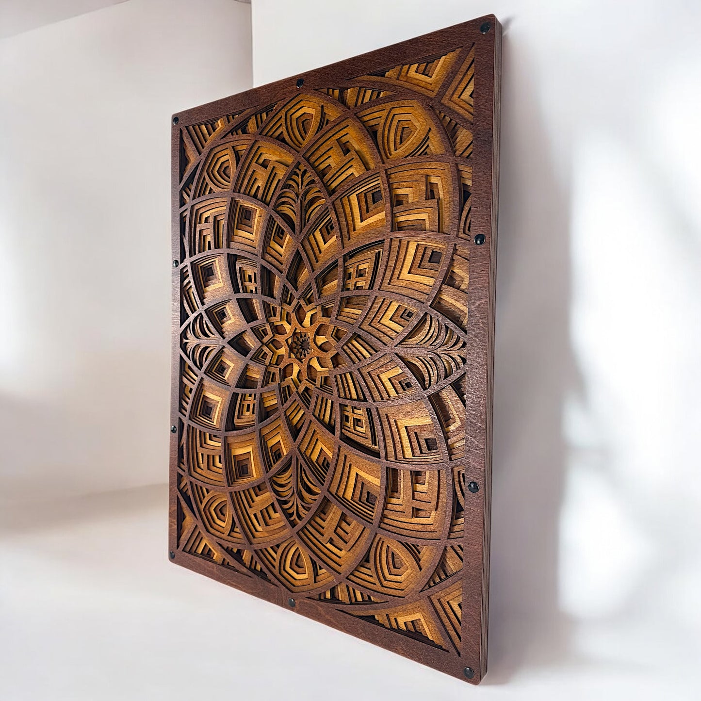 Diagonal wall-mounted view showing the structural layers and vivid contrast between light and dark wood tones.
