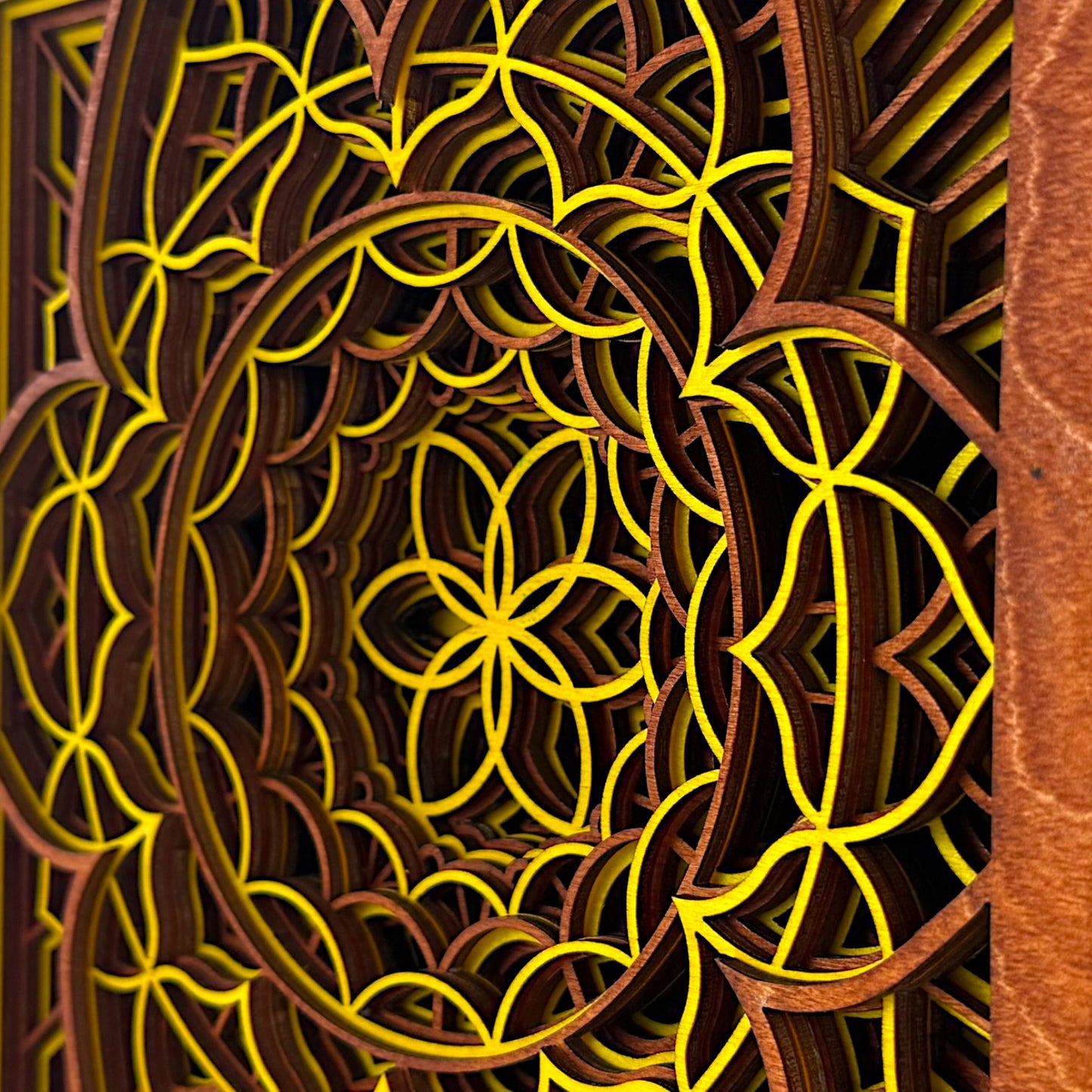 Depth-focused angled close-up – A side-angle detail shot capturing the rich depth and layered complexity of the Quantum Blossom’s geometric design.