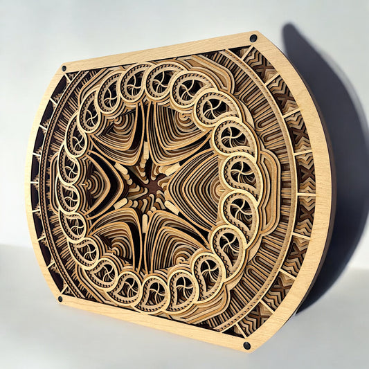 Angled side view of Solar Bloom art revealing the dimensional layering and precision-cut patterns that radiate from the center outward.
