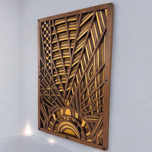 Angled close-up of layered Baltic Birch wood art showing laser-cut detail and dimensional depth