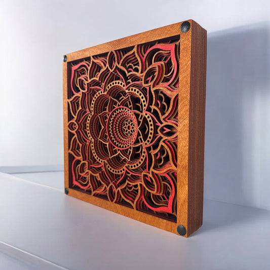 Side angle of Temple Bloom geometric wall art revealing its multi-layered depth and rich color detailing in natural light.