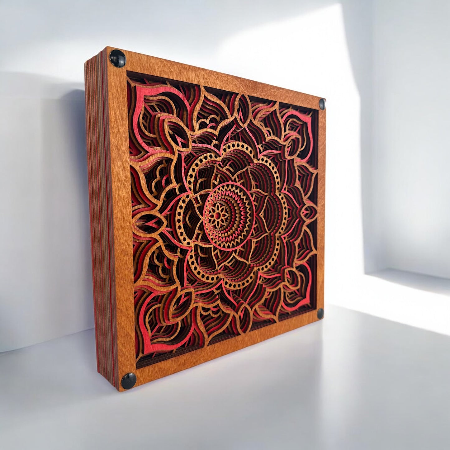 Perspective view of Temple Bloom mandala art emphasizing the dimensional layering and ornate laser-cut patterns.