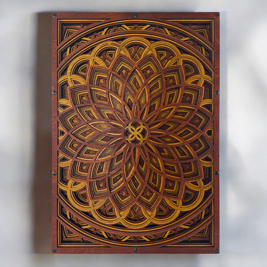 Vertical display of the Vortex Blossom artwork showing its symmetrical mandala design and vibrant layered wood pattern.
