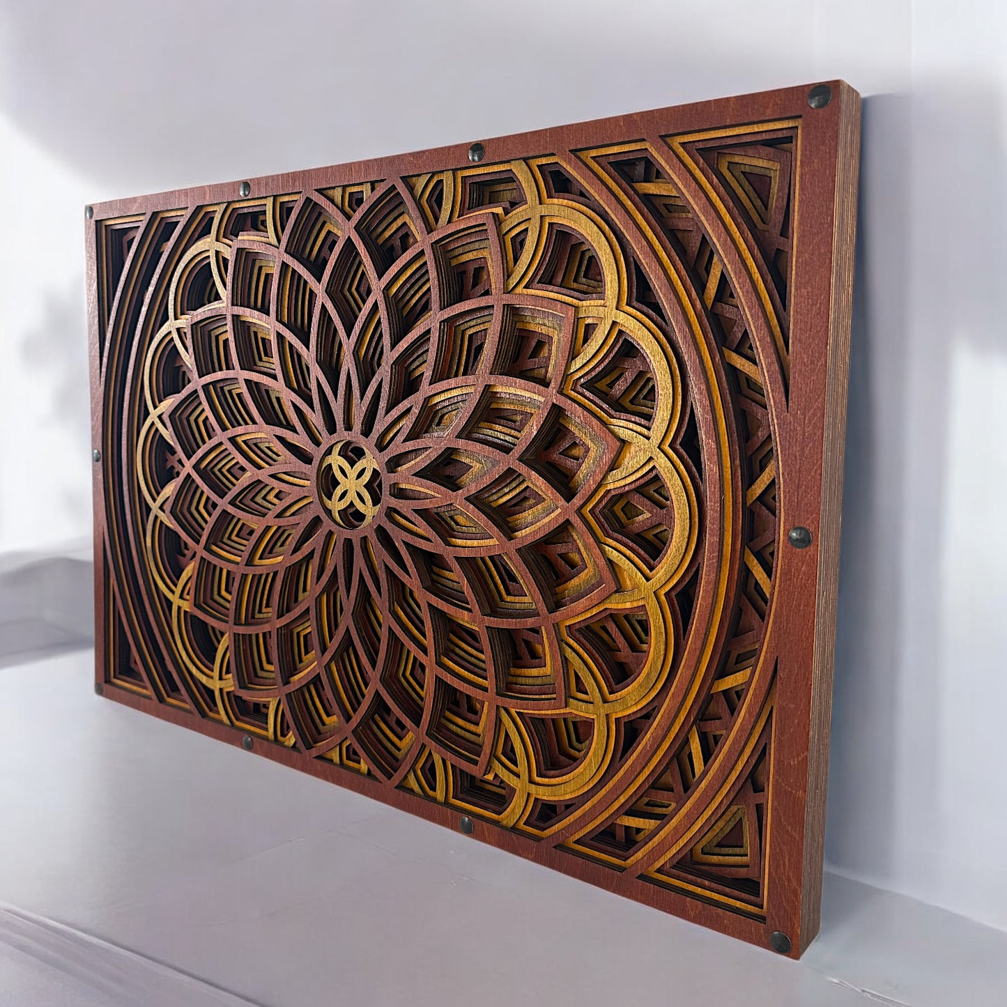 Angled side view of the Vortex Blossom piece emphasizing the depth, craftsmanship, and intricate layering.