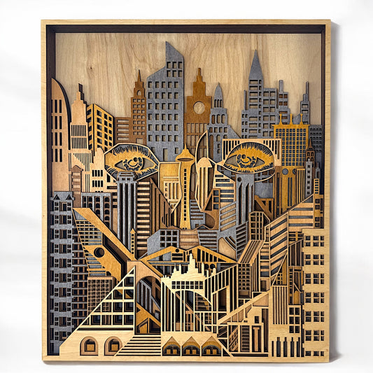 Frontal view of a laser-cut wooden cityscape art piece with hidden face and eyes design integrated into the buildings
