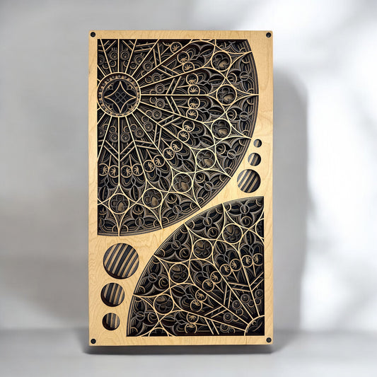 Front view of Cathedral Flow wall art featuring intricate 10-layer laser-cut woodwork inspired by Gothic rose windows, with light natural wood framing.