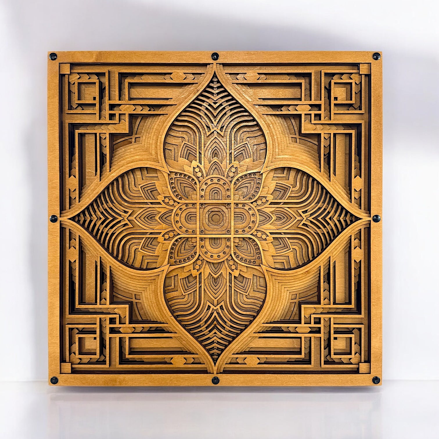 Front-facing view of Driftpetal, a 10-layer laser-cut wood wall art piece featuring an intricate mandala-inspired floral and geometric design.