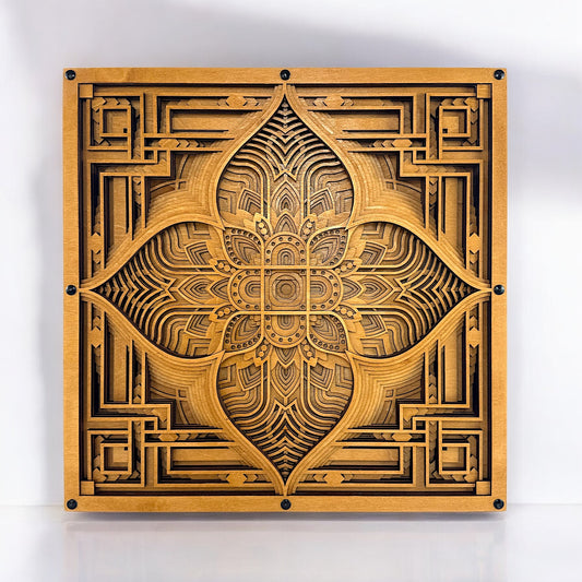 Front-facing view of Driftpetal, a 10-layer laser-cut wood wall art piece featuring an intricate mandala-inspired floral and geometric design.