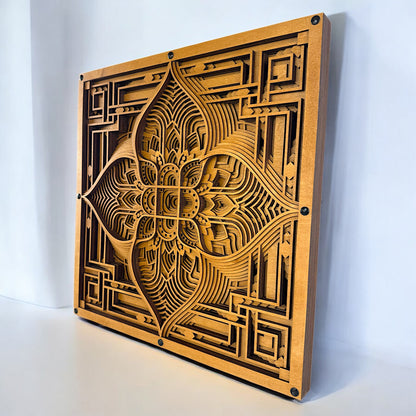 Right-side angled view highlighting the dimensional cuts and architectural geometry of the Driftpetal wooden wall piece.
