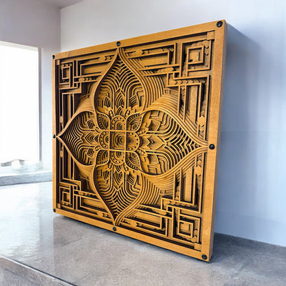 Driftpetal wood art positioned near a sunlit window, casting soft shadows that enhance the layering and organic-meets-digital pattern.
