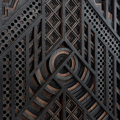 Close-up of the central section of a layered wood wall art piece, emphasizing the crisp laser cuts, concentric arcs, and fine diamond gridwork.
