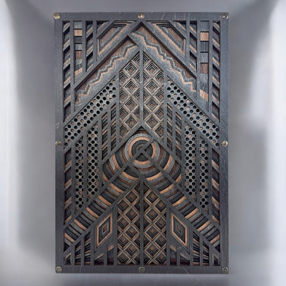 Front-facing view of a six-layer geometric wood wall art piece, showcasing concentric circles, diamond patterns, and perforated textures in black-stained Baltic Birch.