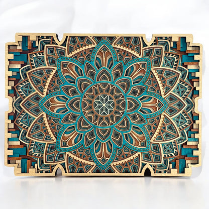 Front view of an 8-layer mandala wall art featuring intricate floral and geometric patterns in teal, brown, and natural wood tones.