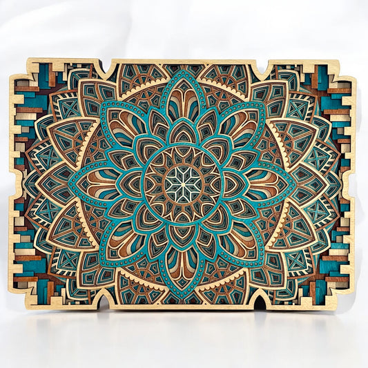 Front view of an 8-layer mandala wall art featuring intricate floral and geometric patterns in teal, brown, and natural wood tones.