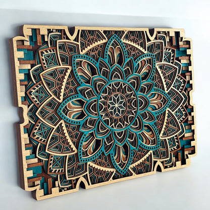 Diagonal view emphasizing the contrast between teal accents and natural wood layers, with crisp laser-cut symmetry.