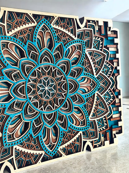 Close-up perspective from the bottom left, highlighting the layered lotus-like petals and mosaic-inspired frame.