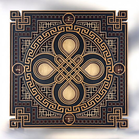 Front view of a 6-layer laser-cut wood wall art featuring an intricate endless knot design centered in a symmetrical geometric frame.

