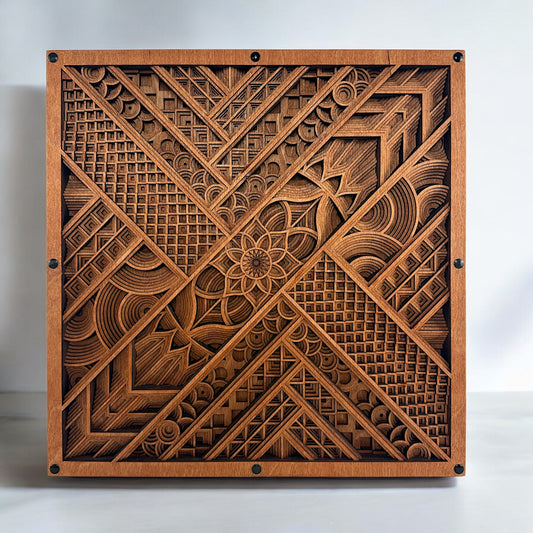 Front-facing view of the 11-layer laser-cut wood artwork showcasing the intricate geometric mandala design with symmetrical patterns and detailed depth.