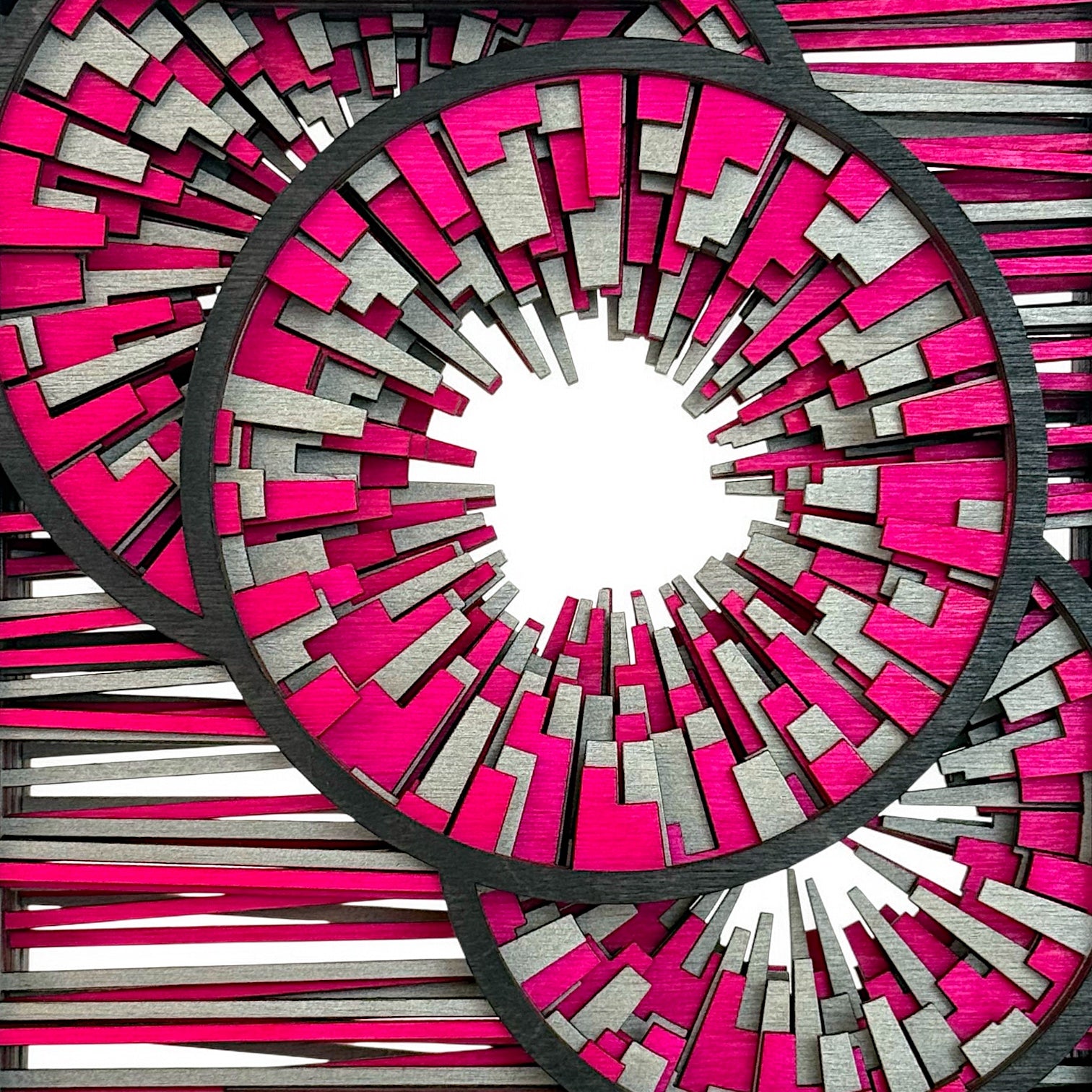Close-up of the central circular burst in Metrorhythm V2, highlighting precise laser-cut layering and hand-dyed color.