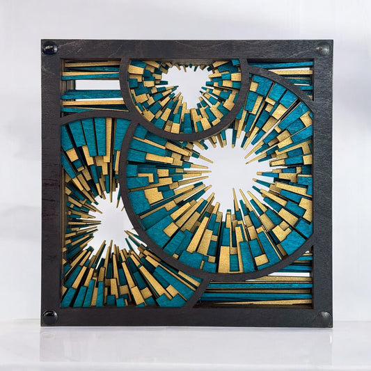 Front-facing shot of Metrorhythm V3 wood sculpture in turquoise and gold, featuring circular geometric bursts and layered dimension.

