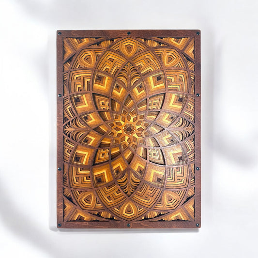 Vertical full-framed view of the laser-cut Petal Maze artwork, showcasing its complex floral and maze-like design.